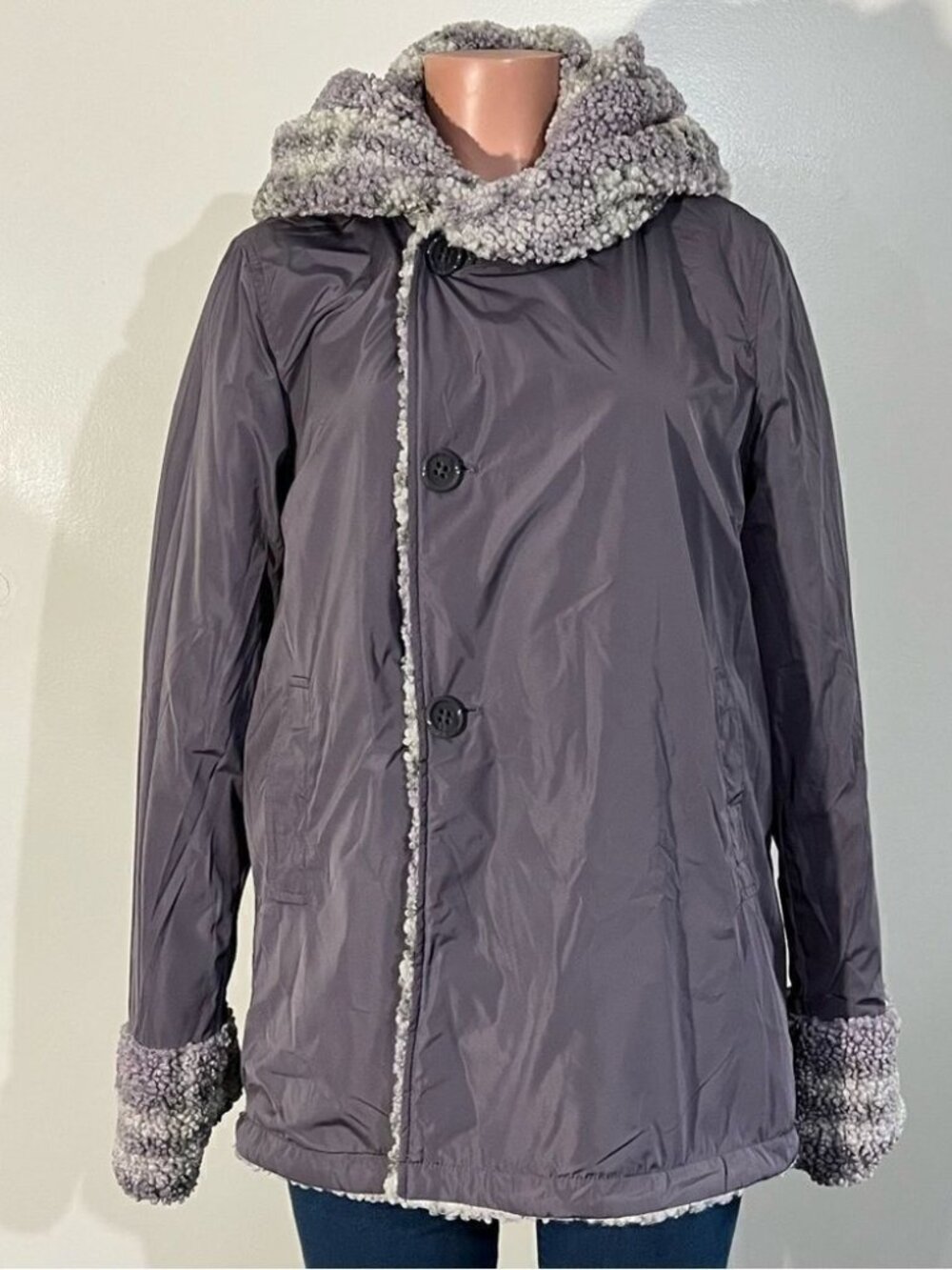 Centigrade Button Closure Reversible Plaid Sherpa Jacket